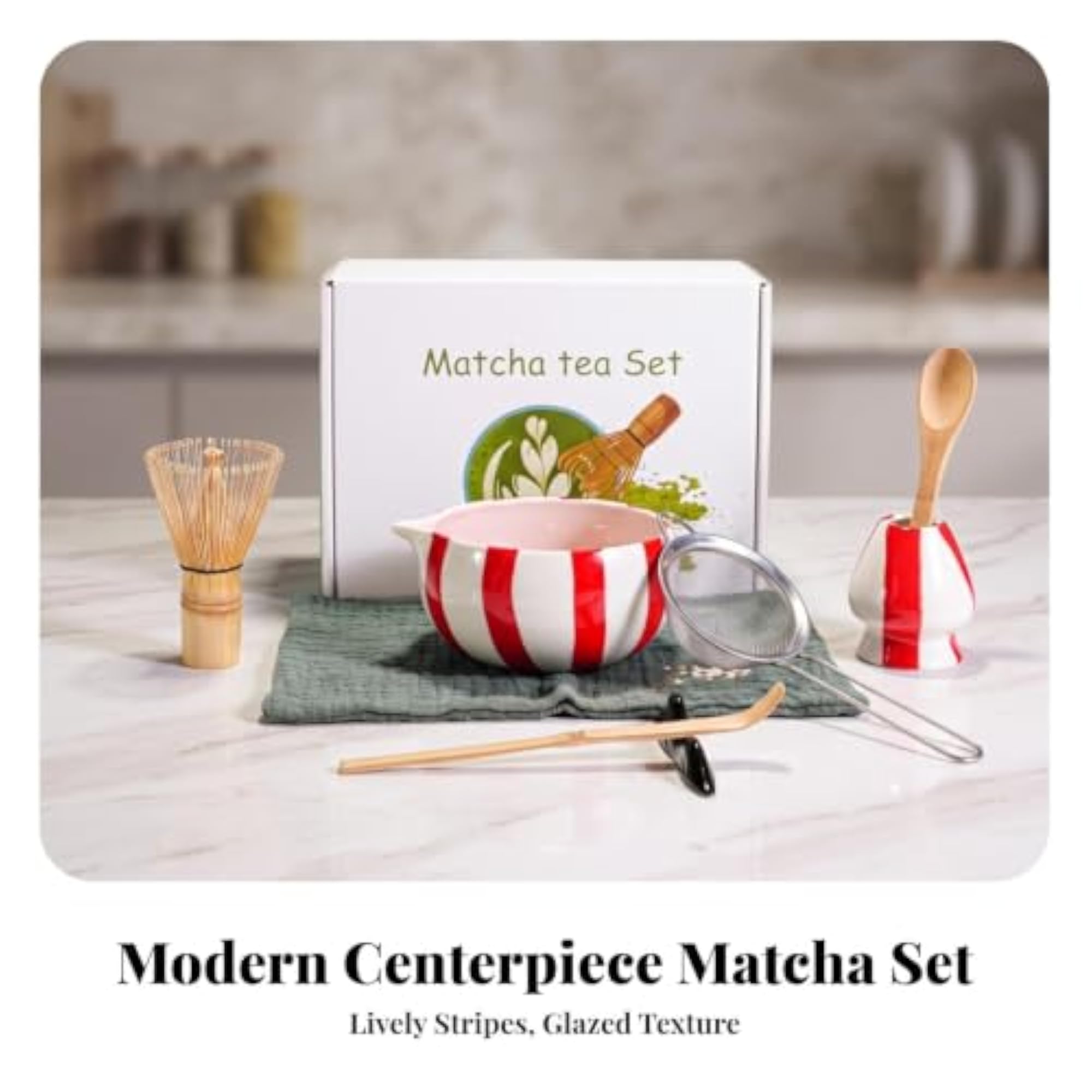 8 Pieces Matcha Whisk Set with Bowl, Glossy Glazed Ceramic
