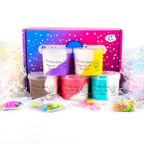 Daizikuai 5 Pack Fruit Butter Slime Kit For Kids,Soft And Non-Stick Slime Party Favors,With Watermelon,Strawberry,Grape,Mermaid,Cake Slime Charm,Christmas Stress Relief Toy Gifts