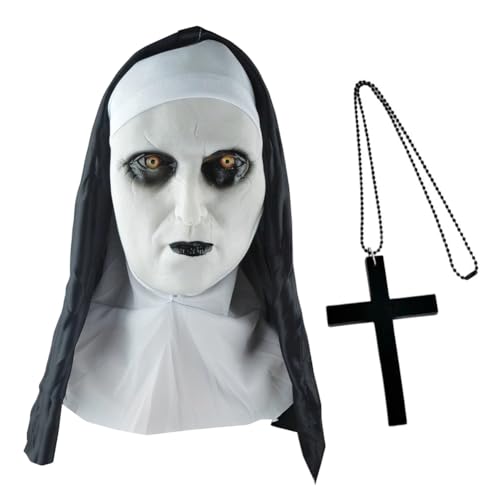 NTEVXZ Acessórios assustadores para o Halloween máscara de freira realista máscara para Cosplay Mask de terror para Halloween pendente com cruz colar com cruz per Accessori da festa, cosplay e Scherzi