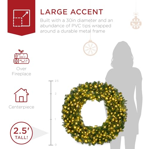 Image of Best Choice Products 30in Large Artificial Pre-Lit Fir Christmas Wreath Holiday Accent Decoration w / 100 LED Lights, 220 PVC Tips