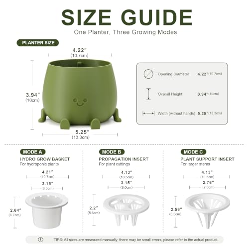 Image of 5.2 Inch Hydroponic Happy Face Planter with 3 Interchangeable Grow Baskets, Water Culture Pot for Pothos, Lucky Bamboo & Plant Propagation, Decorative Desktop Planter for Home & Office, Dark Green