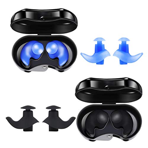 Tapones para los oídos de natación, 2 pares de tapones para los oídos de natación para niños, adultos, baños, buceo, surf y otros deportes acuáticos, impermeables, reutilizables, color negro y azul