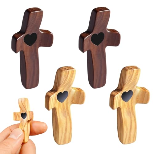 4 Piezas 5 x 2.5 cm Cruces de Madera Talladas a Mano, Cruz de Bolsillo de Madera Portátil, Cruces de Protección de Maderas de Mano con Corazón, Cruce de Maderas, para Oración, Meditación, Relajación