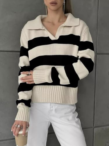 Polo V-Neck Knit Sweater Striped Color Block Loose Long Sleeve Top Casual Fashion Pullover Sweaters for Women3