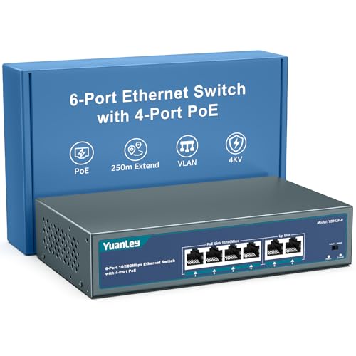 YuanLey 4 Port PoE Switch with 2 Ethernet Uplink, 4 Port PoE+ 100Mbps, 78W 802.3af/at, Extend...