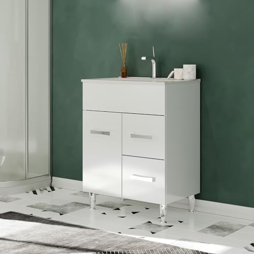 SANIVERRE Madrid Meuble Salle de Bain sur Pieds Simple Vasque Blanc Largeur 60 cm