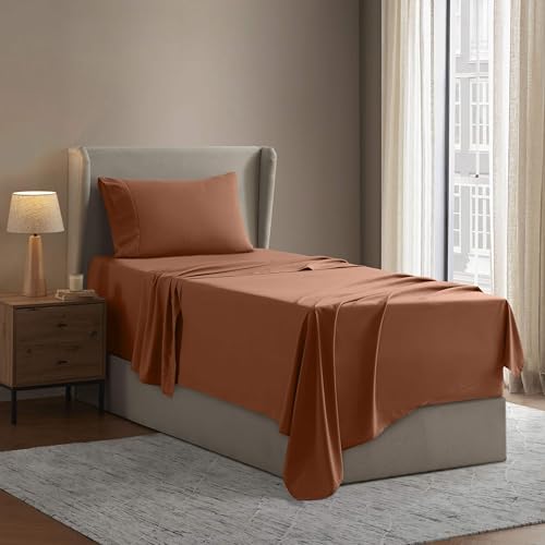 Image of Nestl Twin Bed Sheet Set - Rust - 3-Piece Deep Pocket | Instantly Soft, Night-One Ready (No Wash Required). Fits 16-Inch Deep Pockets, 360-Degree Elastic Grip