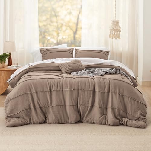 Image of Bedsure Queen Comforter Set - 4 Pieces Pinch Pleat Bed Set, Brown Boho Bedding for All Season, 1 Soft Comforter, 2 Pillowcases, 1 Decorative Pillow
