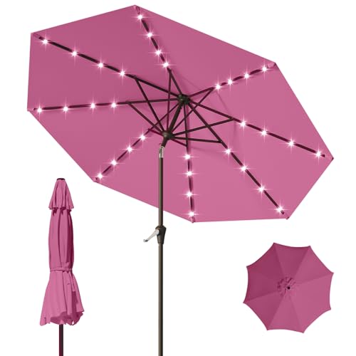 Image of 9FT Patio Umbrella with Solar Lights,Outdoor Market Umbrella with Tilt and Crank, LED Lighted Table Umbrella for Garden,Deck,Backyard,Pool,Beach (Rose Pink)