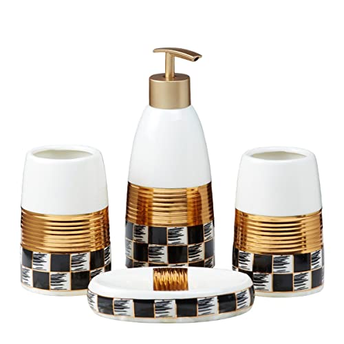 Image of SaSaSa Ceramic Bathroom Accessories Set of 4 Modern Bath Set with Soap Dispenser & Toothbrush Holder, Luxury Home & Gift Idea, White /Gold /Black (10081)