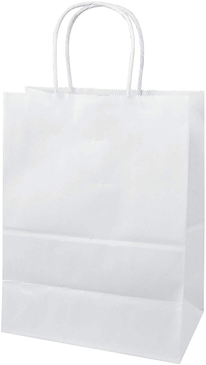 Kraft white Paper Bags with Handles Small | 18.0 x 8.0 x 22.0 cm | White Shopping Bags Handles Gift Bags for Kid Parties, Packaging, Customization, Wedding, Food & Sweets (50, Flat Handles)