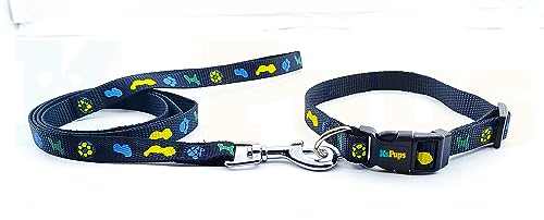 Image of 15mm Soft Printed Dog Collar and Leash Set I Puppy Printed, Adjustable Nylon Collar with Leash I for Small and Medium Dogs (Black)