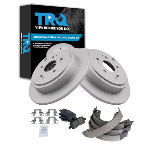 Image of TRQ Rear Brake Pad and Rotor Set Semi Metallic G Coated Rotors Parking Shoe Compatible with 2001-2006 Acura MDX