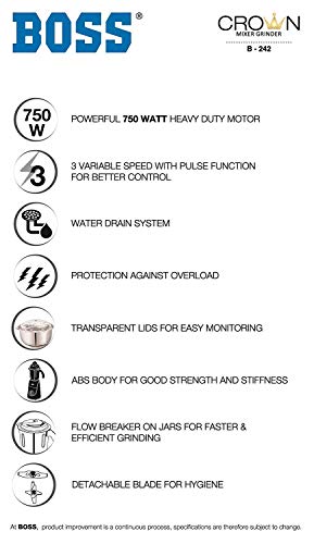 Boss Crown Wet & Dry Mixer Grinder Powerful 750W with 3 Stainless Steel Jars, 110V for USA - Image 3