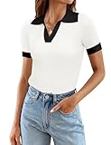 Ivicoer Women's Short Sleeve Polo V Neck Tee Tops Lightweight Ribbed Knitted Dressy Basic Shirts Color Block White, XL