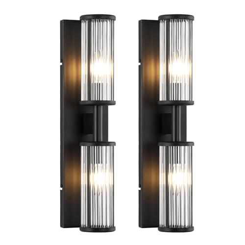Modern Vanity Light Set of 2 - Matte Black Industrial Wall Sconces with Glass Rod Shades, Bathroom Mirror Lighting for Bedroom, Hallway, Dressing Room (2-Pack) Black 20 Inch-2pcs
