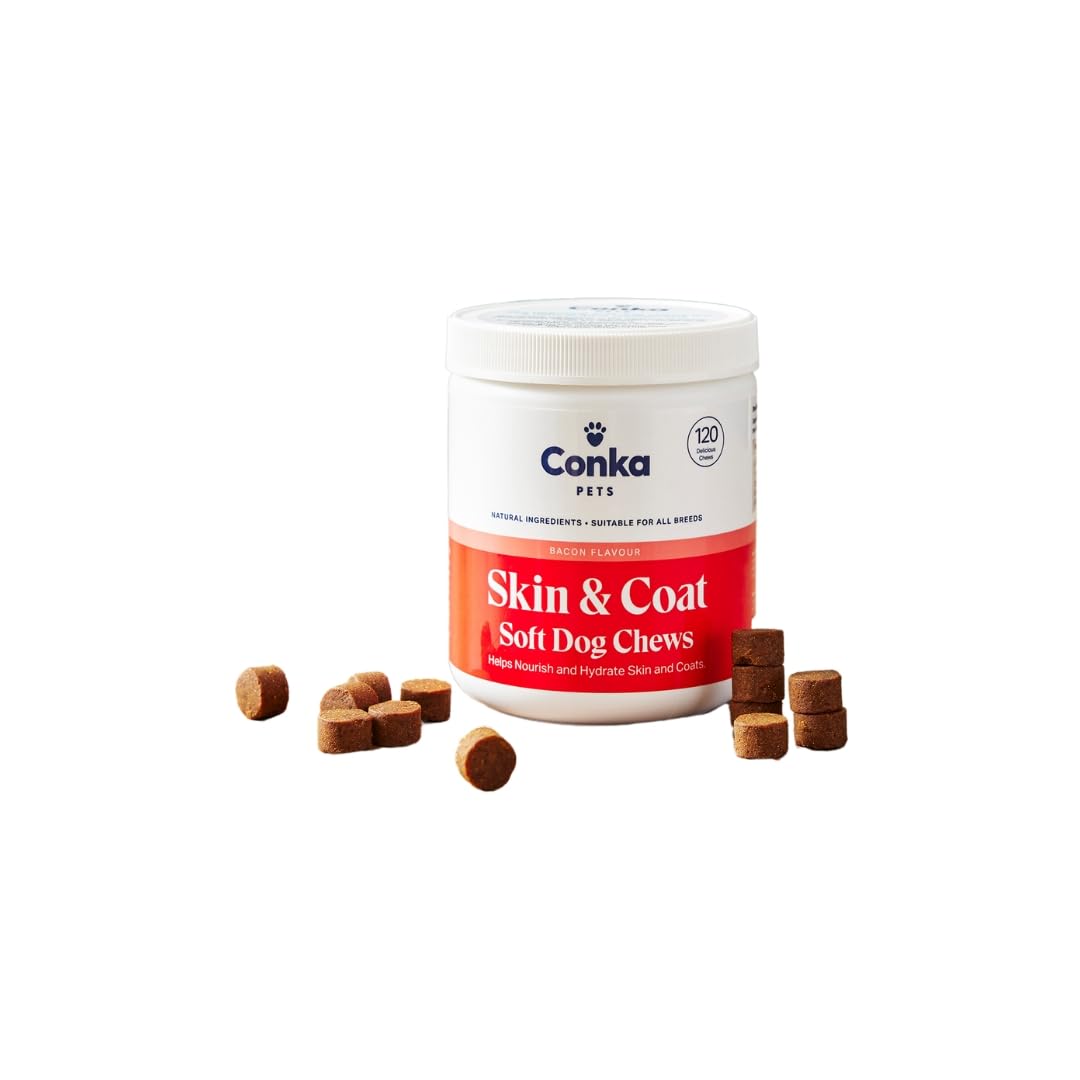 Conka Skin & Coat Dog Chews, Omega 3 & DHA for Healthy Coat Anti-Itch Support, Reduces Shedding, Natural & Grain Free