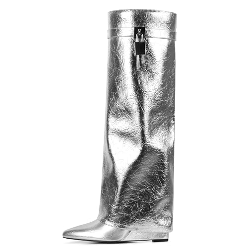 Women Wedge Heel Fold Pointy Pull-On Knee Shark Boot Wide Calf Padlock Boot2