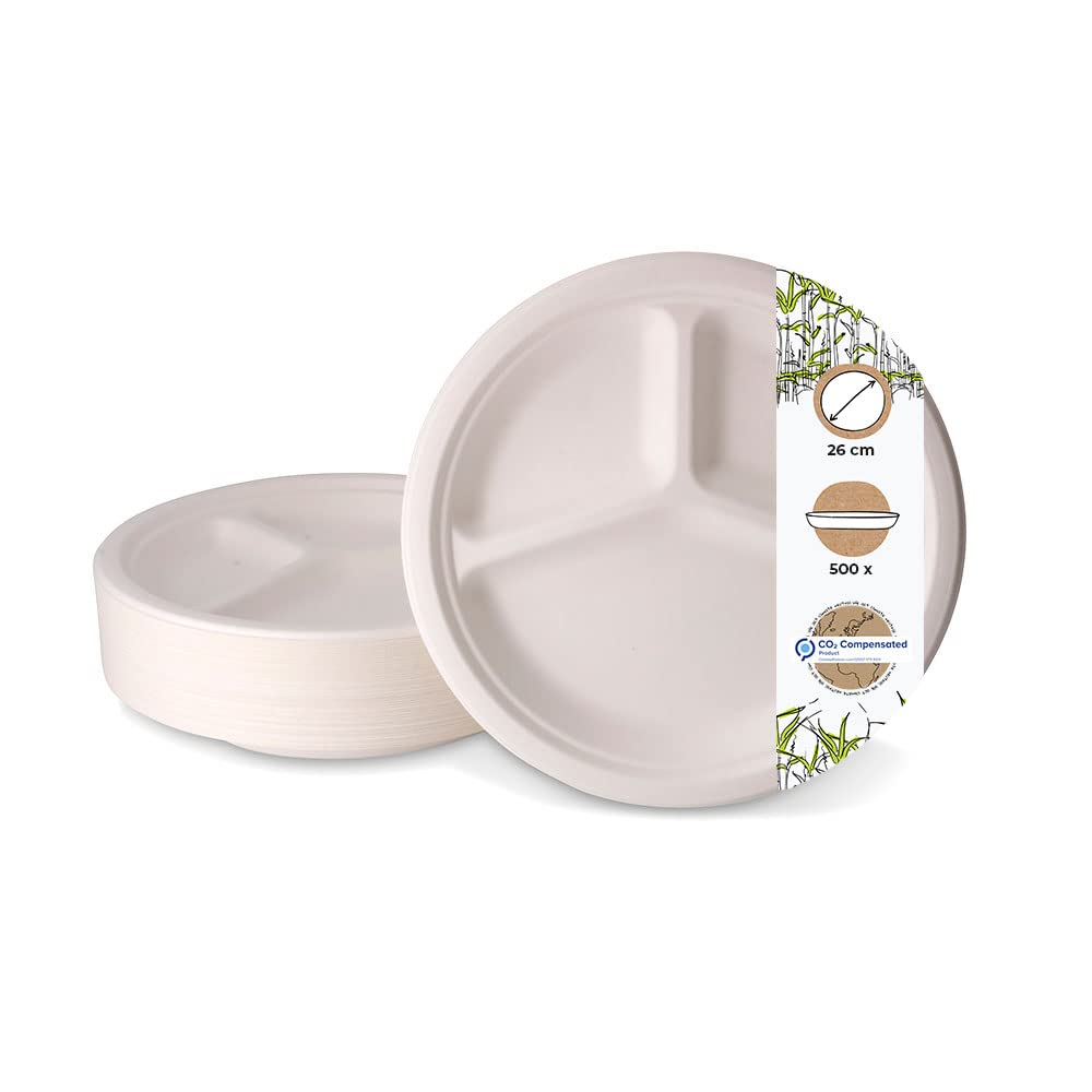 BIOZOYG Plats en Fibre de Canne à Sucre avec Séparateurs I Récipient pour Repas avec Compartiments I Plateaux en Bagasse Divisés en 3 I Plats avec Séparateurs blanc Ø 26 cm 500 pcs