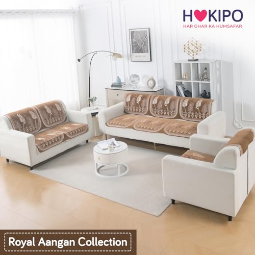 Image of HOKIPO Bagh Brown Premium Chenille Jacquard Sofa Cover 6 Seater Set - Washable 3+2+1 Sofa Panel for Seat & Back | 'Royal Aangan Series' (IN-1008 * 2 + IN-1007 * 2 + IN-1006 * 2-L6)