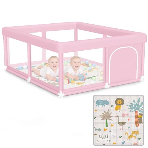 Image of Hiaksedt Large Baby Playpen with Mat 50 inchx50 inch Baby Girl Play Pen for Babies and Toddlers, Safe Structure and Soft, Skin-Friendly Fabric with Zipper Gates Pink
