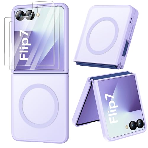 Image of ORETECH Magnetic for Samsung Galaxy Z Flip 7 Case, with [2 x Screen Protector] Translucent Back Non-Slip Hard PC Shockproof Bumper Protective Case for Samsung Z Flip 7 - Light Purple