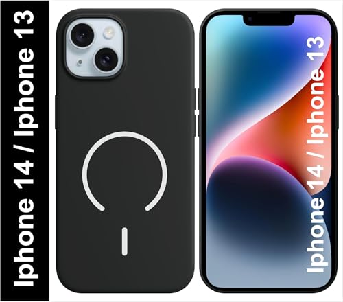 Image of SBMS Silicone Back Cover Case for iPhone 14 / iPhone 13 | Soft Micro-Fibre Lining Inside | Magsafe Print On Back Side Camera Protection Bump | Shockproof Case iPhone 14 / iPhone 13 (Black)