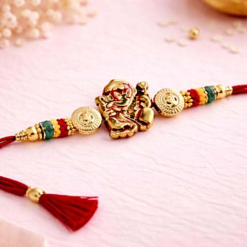 Image of JAIPUR ACE Designer Lord Ganesha Rakhi Bracelet with Multicolor Beads - Premium Gold Finish Raksha Bandhan Thread for Brother