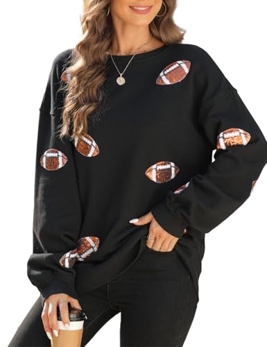 Ecosunny Womens Game Day Sweatshirt Football Sequin Rugby Crewneck Oversized Shirt Long Sleeve Csausl Pullover Tops