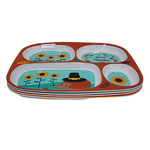4E's Novelty Fall Thanksgiving Dinnerware Divided Plates For Kids Melamine Plastic - Set Of 4 Thanksgiving Themed Dishes Plates, Bpa Free, Top Rack Dishwasher Safe #TOP3