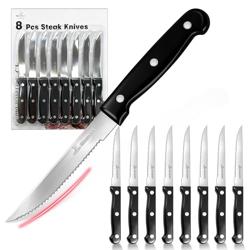 Upgraded Steak Knives Set of 8, Uncoated Stainless Steel Serrated Steak Knife Set, 4.5 Inch Steak...