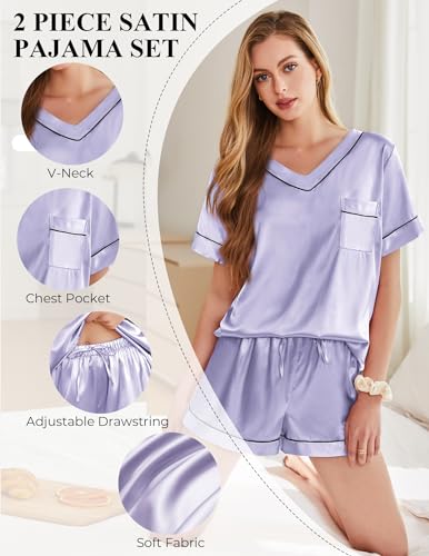 Image of Silk Pajamas for Women Short Sleeve Satin 2 Piece Pj Set Soft V Neck Sleepwear Loungewear, S-XXL