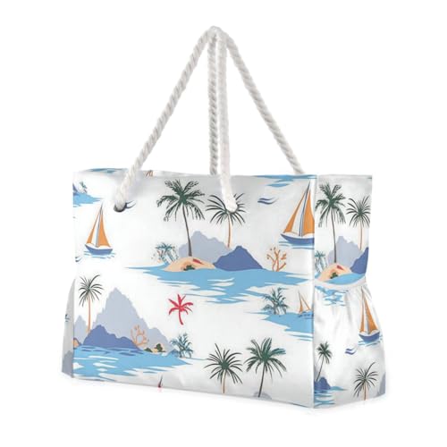 Tropical Seascape Pattern Large Beach Bag, Travel Tote Bag Zippered, Water Resistant Family Size for Seaside, Shower Stall, Swiming Pool