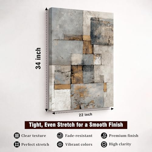 Image of Abstract Textured Stretched Canvas Painting For Living Room | Concrete Geometric Stretched Canvas Wall Art For Livingroom Home Decor, Bedroom, Hallway's, Office, Hotel - 56x86 cm