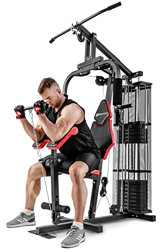 Hop-Sport HS-1044K Kraftstation – Seilzug, Latzug, Curlpult, Butterfly, inkl. 66 kg Gewichte, Sicherheitsnetz, platzsparend, Heimtraining Fitnessstation
