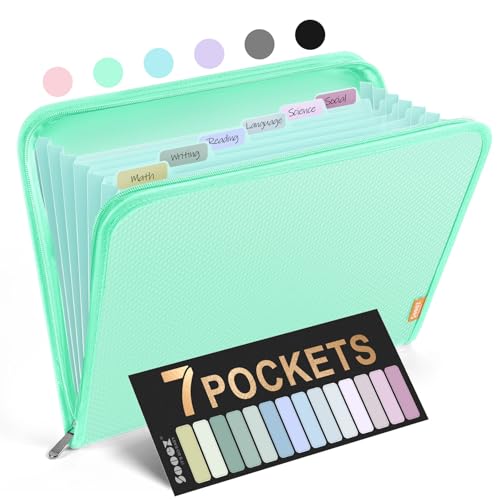 Sooez 7 Pockets Accordion File Organizer, Zipper Expanding File Folder A4