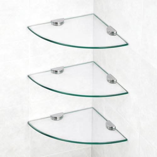 SYLXTEEM 3 Pack Glass Corner Shower Shelves, Tempered Floating Glass Shelves Wall Mount, Shower Caddy Organizer, Bathroom Corner Shelf with Zinc Alloy Brackets for Bathroom, Kitchen, Living Room
