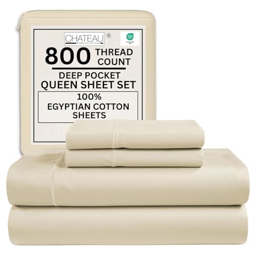 Queen Sheet Set - 800TC Egyptian Cotton Bedding Sheets & Pillowcases - Soft, Durable and Luxurious 4PC Sateen Weave Ivory Bed Sheets for Queen Size Bed, No Pill & Shrink Thick Machine Washable