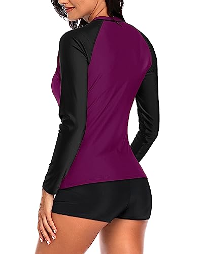 Image of Daci Women Two Piece Rash Guard Long Sleeve Swimsuits UV UPF 50+ Swim Shirt Bathing Suit with Boyshort Bottom