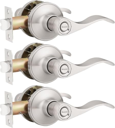 Gobrico 3 Pack Bed and Bath Privacy Handle Levers for Interior Door, Satin Nickel Keyless Wave/Drop Style Door Knobs with Thumb-Turn Button