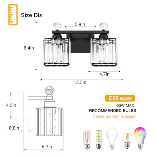 Image of Lxybcce Modern 14In 2-Lights Bathroom Vanity Light, Crystal Bathroom Light Fixtures, Black Vanity Light Fixtures Over Mirror, Easy Installation & Shadow-Free Illumination for Bathroom Mirror Decor
