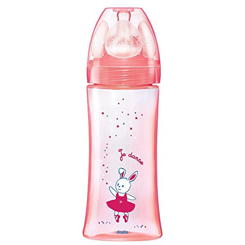 Dodie-Biberon Initiation 330ml ROSE DANSEUSE +6 mois tétine ronde 3 vitesses débit 3