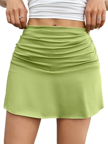 EARKOHA 2025 Skirts for Women Solid Ruched High Waist Ruffle Hem Mini Skirt Green XS
