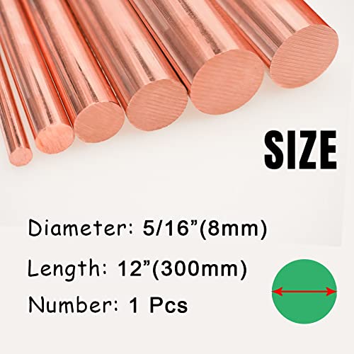Tynulox 1Pcs Pure Copper Round Rod 5/16"(8Mm) Dia 12" Length Bare Copper Cu Metal Rod For Metal Craft Hobbies #TOP1