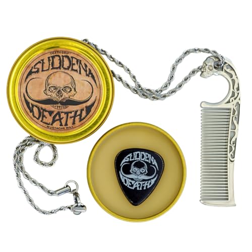 Mustache Wax Strong Hold Sudden Death 1 oz Tin & Necklace Death Grip Mustache Comb Mens Combo Kit -...