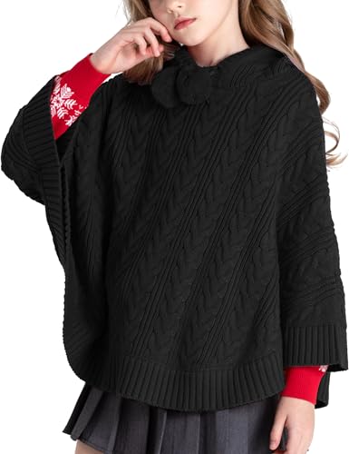 Image of BOBOYOYO Cape for Girls Hooded Cable Knit Poncho Sweaters Kids Shawl