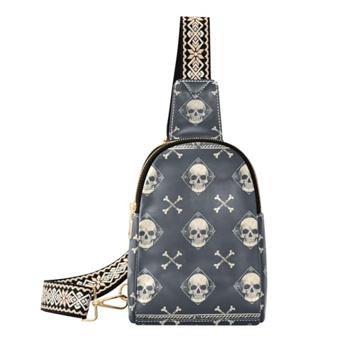 Skull Bag Small Sling Bag for Women Skulls Crossbones Pattern Leather Crossbody Bags Chest Bag Waist Packs