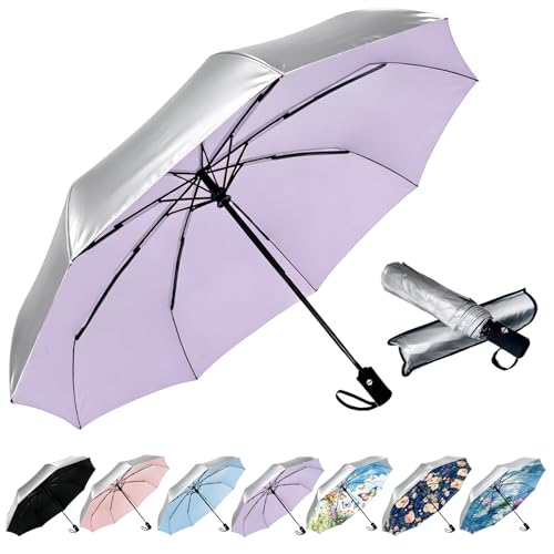 Image of SIEPASA Compact Travel Umbrella - Windproof Auto Open /Close, Small Folding Umbrella for Rain & Sun with UPF50+ - Lightweight Frame, Waterproof - Fits Backpack, Purse, Suitcase.(Silver /Light Purple)