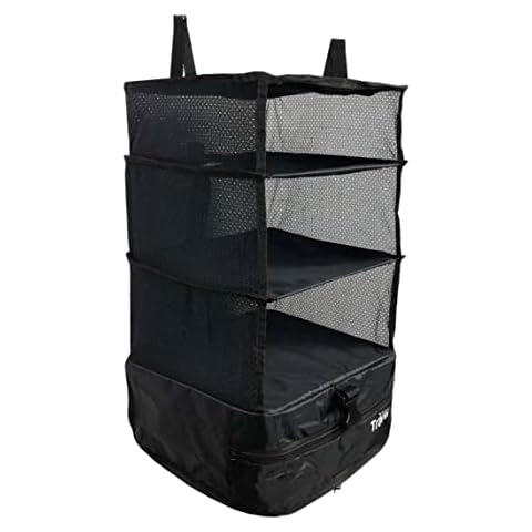 Grand Fusion Stow-N-Go Portable Hanging Travel Shelves, Packing Organizer for Luggage. Carry on Closet for Clothes. Expandable Packing Cube. Travel Essentials. (Black2 - L, L = (L) 11.8" x (W) 11.8") Cover