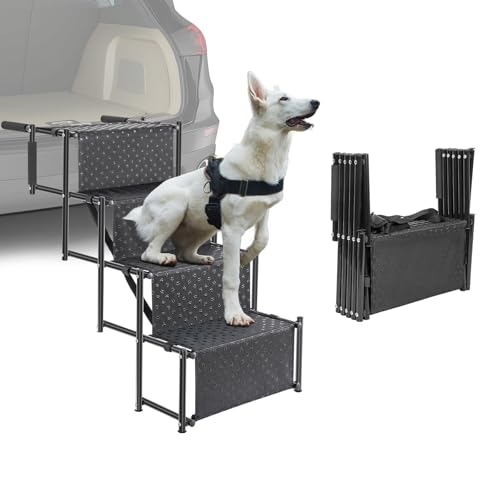 OUUTMEE 4-stufige Hunde-Autotreppe, Klappbar Hunderampe mit Rutschfester Oberfläche, Hundetreppe für Kleine und Große Hunde bis 80 kg, für Autos und SUVs